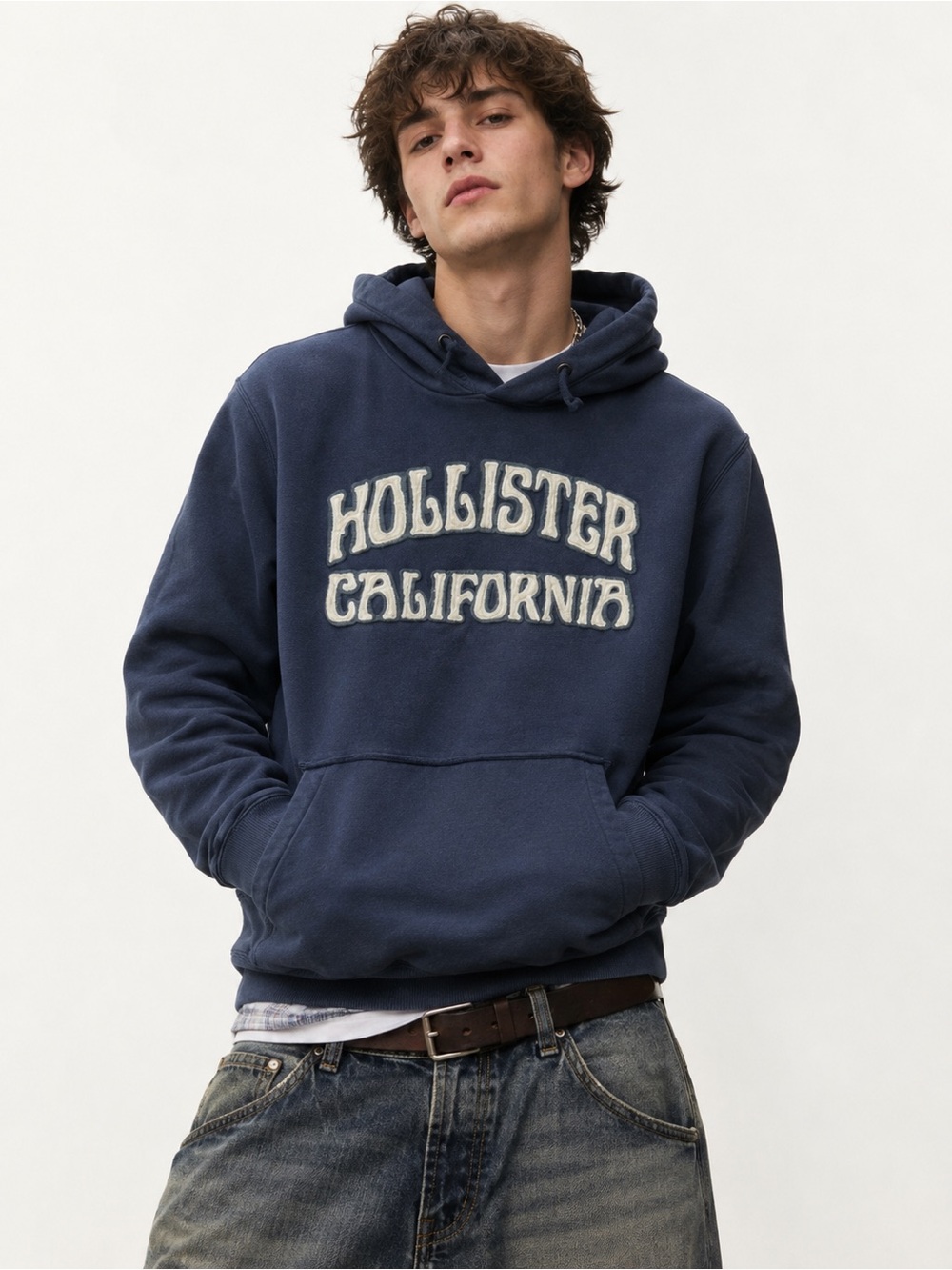 Hollister Navy Blue Pullover Hoodie with Cream Logo